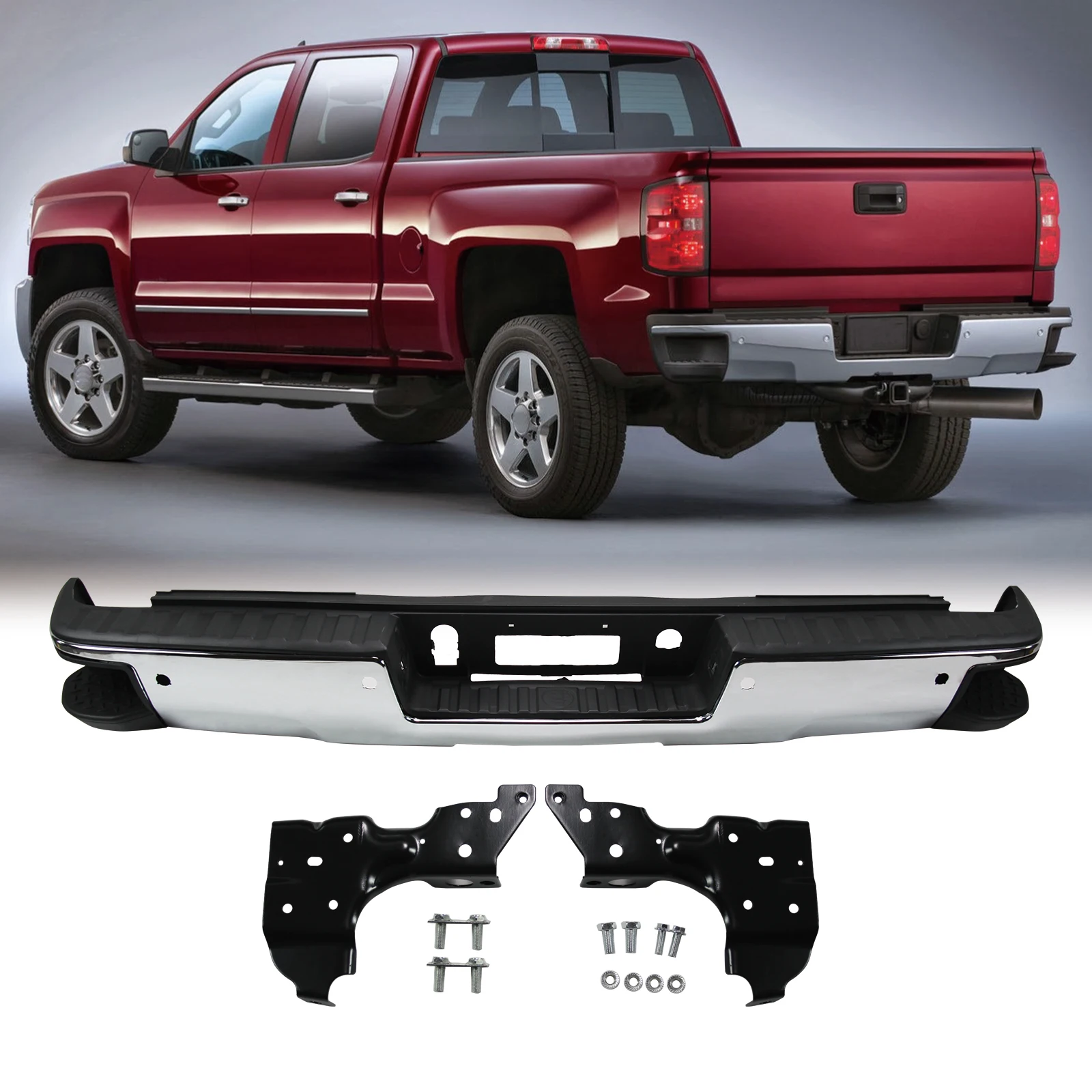 

Rear Step Bumper for 14-18 Silverado/Sierra 1500 W/ Parking Sensor Hole, Chrome