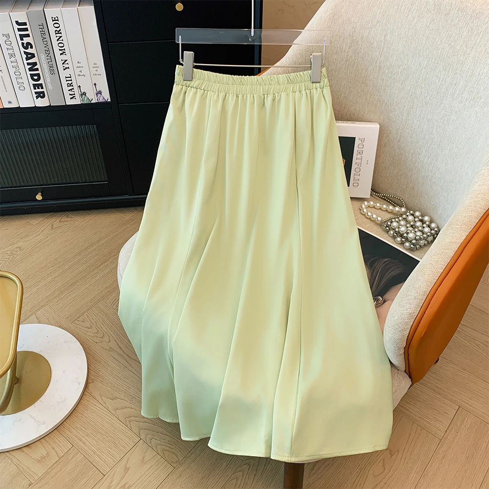 Spring and autumn plus size women's casual solid color skirt chiffon fabric loose comfortable commuter skirt elastic waist 2024