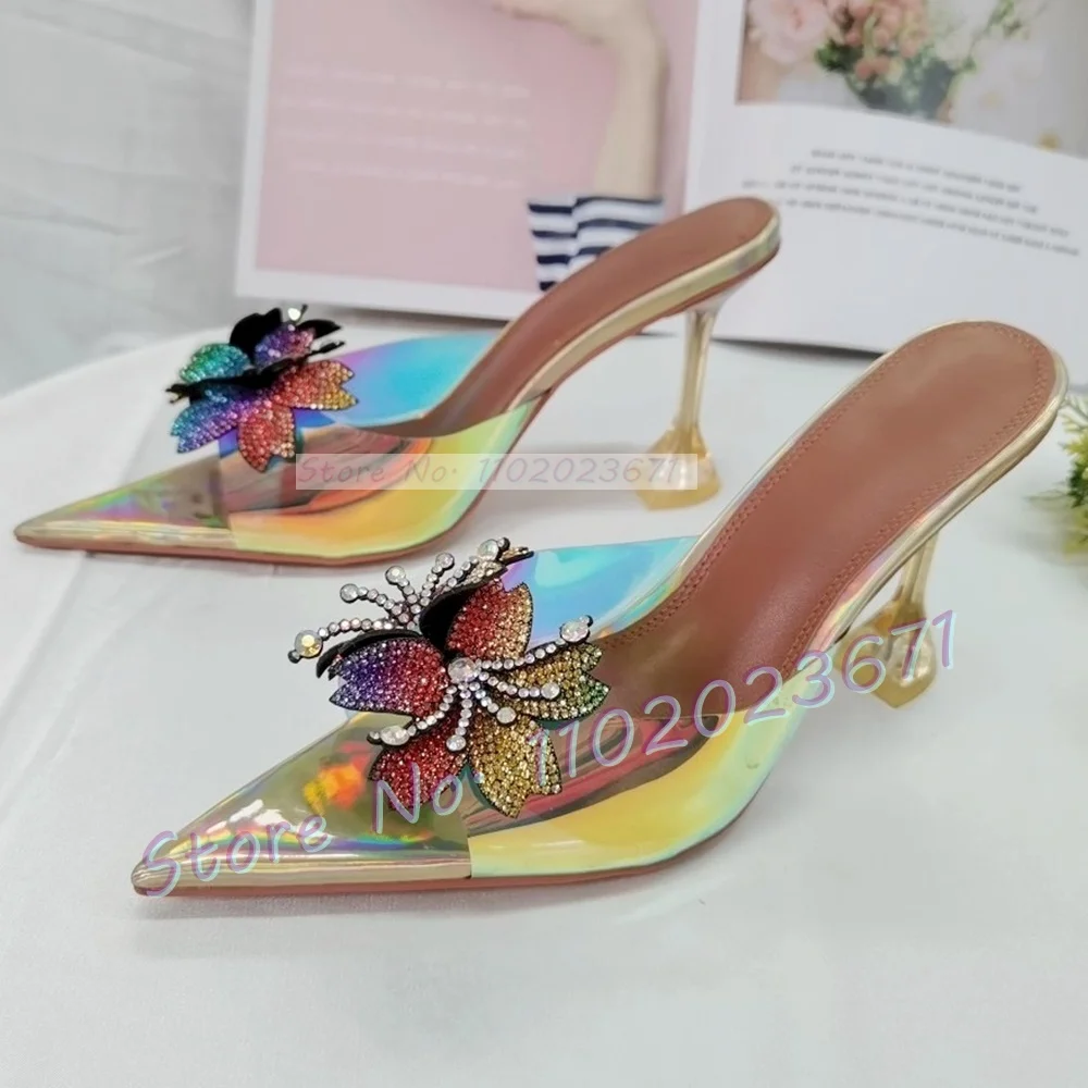 Crystal Flowers Pvc Slippers Women Colorful Pointy Bling Wine Glass Heel Shoes Summer Casual Outfit Multicolor Evening Mules