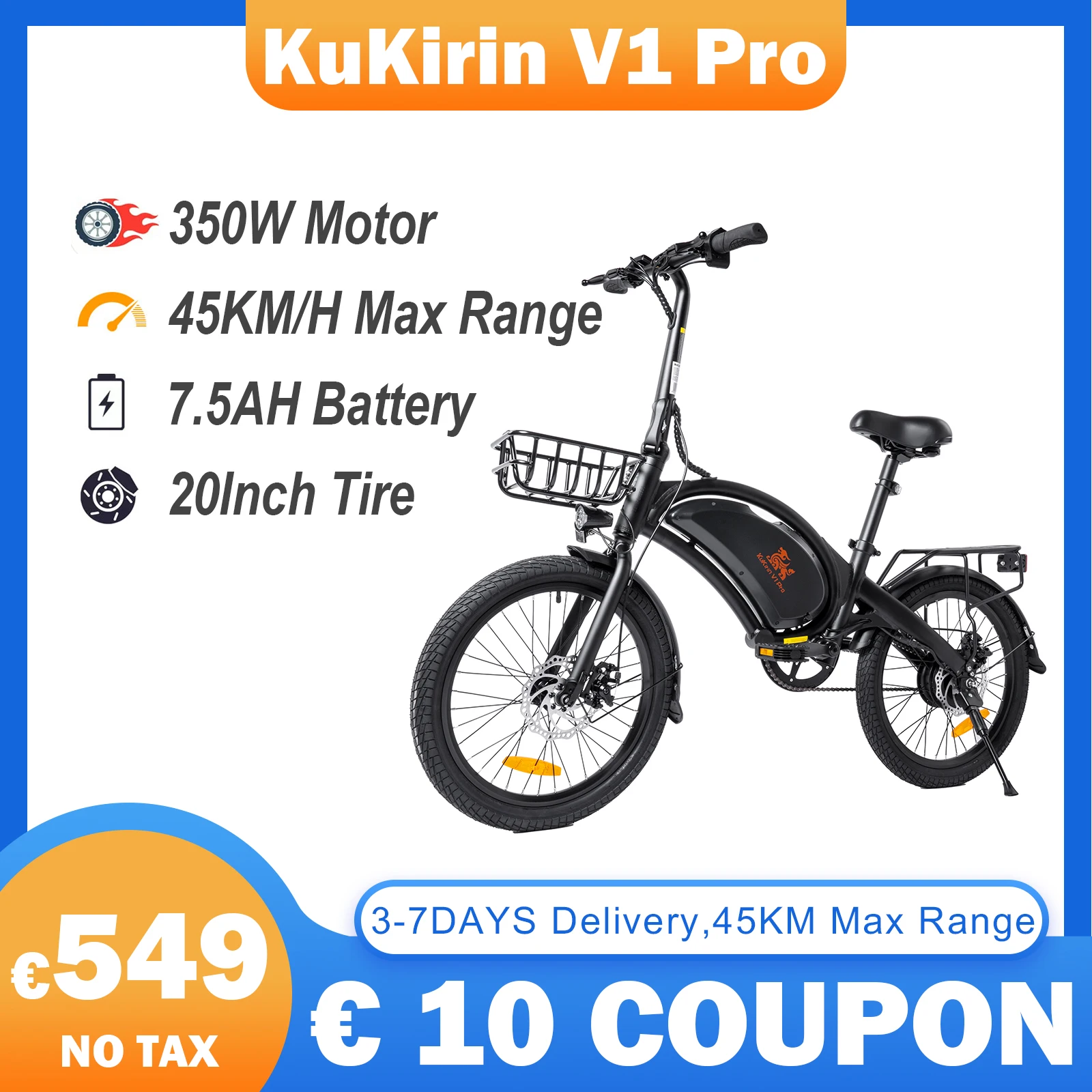 KugooKirin V1 Pro 45KM Electric Bike 725W Power Mini City Adult Electric Bicycle 45KM/H Max Speed 48V7.5AH Battery with 20