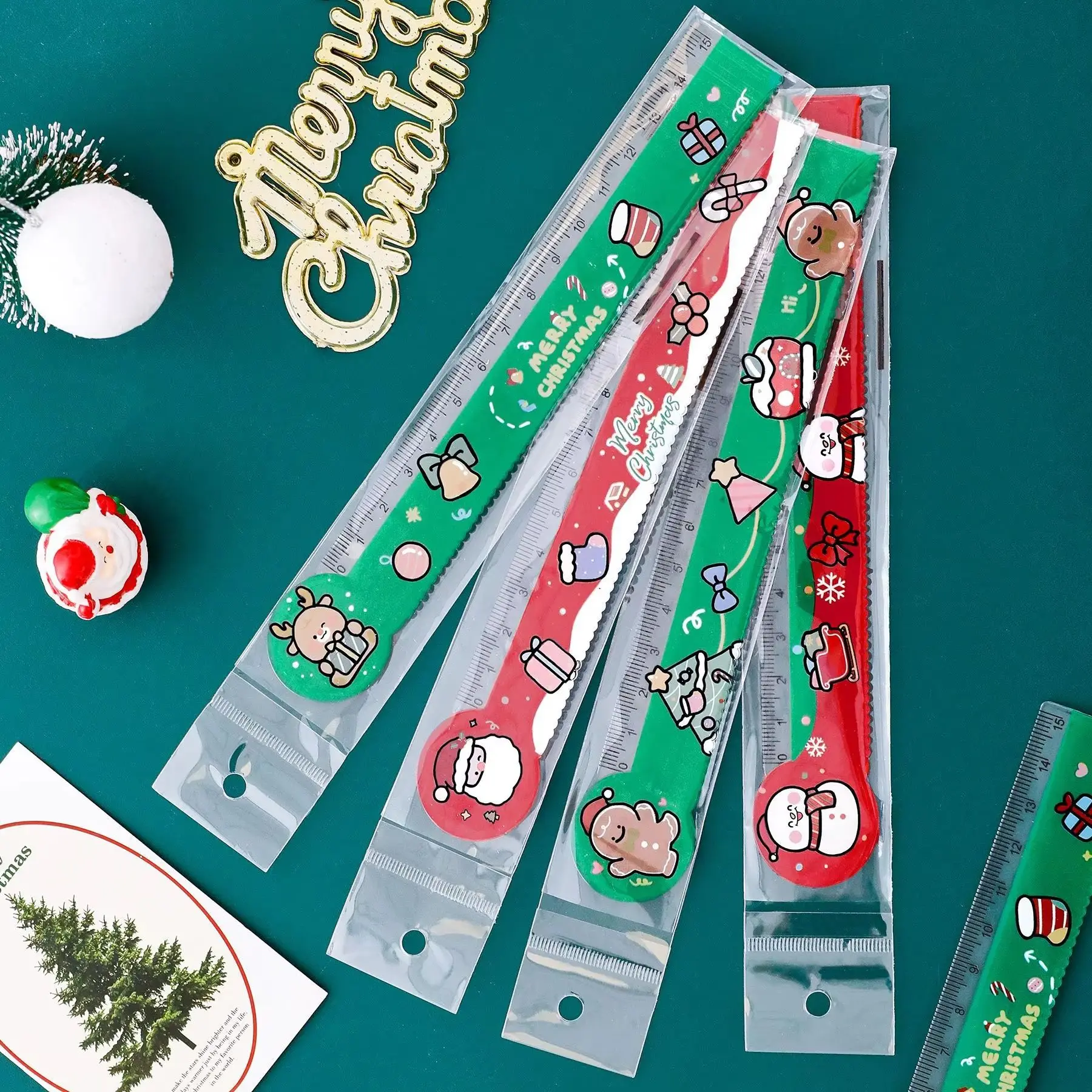 12 Pcs Christmas Rulers Kids Cute Cartoon Wave Ruler Student Stationery Rewards Gifts Back To School