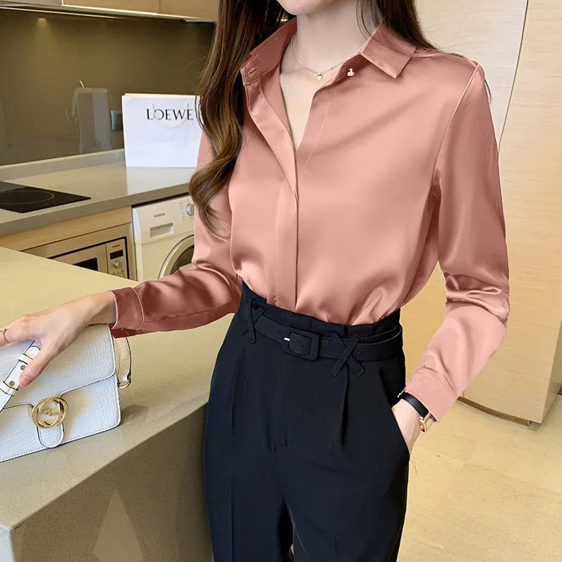 Satin Women\'s Shirt Long Sleeve Fashion Woman Blouse 2023 Solid Top Female Shirts and Blouse Basic Ladies Tops OL Women Clothing