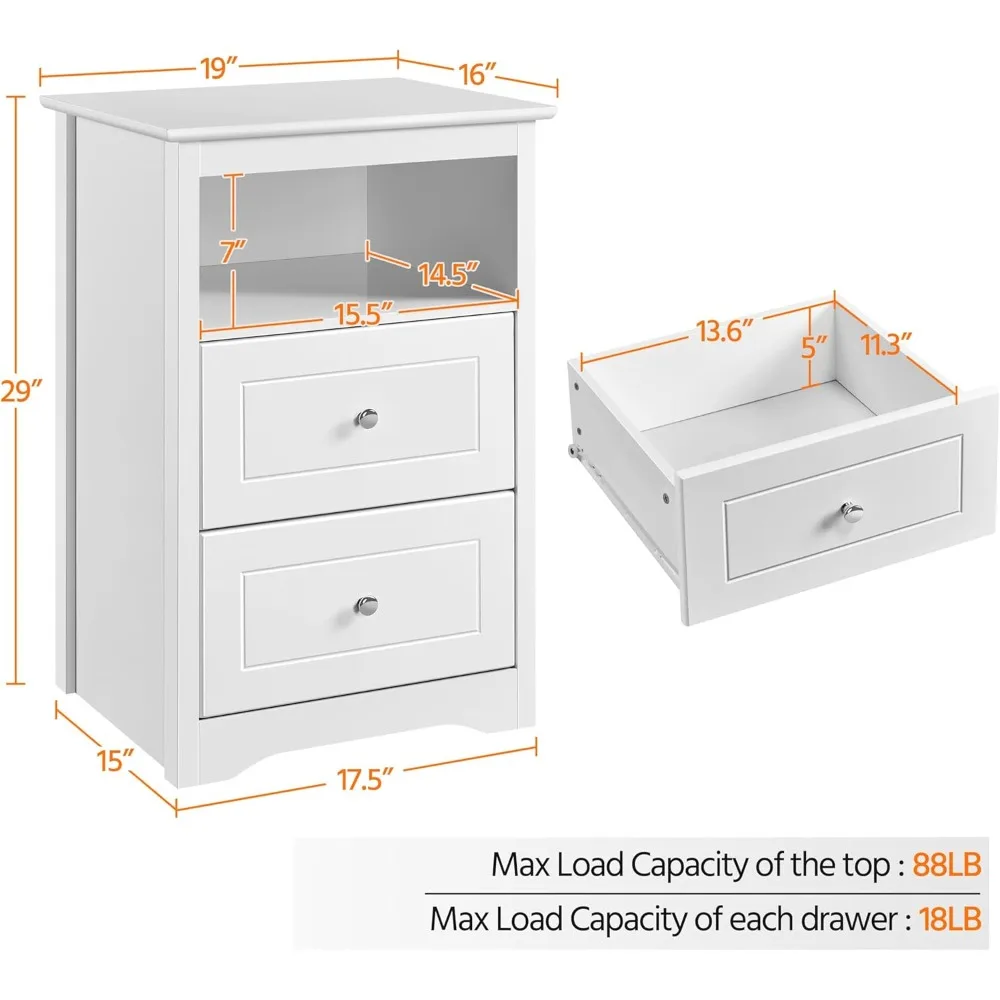 Mesa de cabeceira de madeira com duas gavetas e prateleira aberta, mesa de cabeceira alta de 29 polegadas para armazenamento e uso em telefone