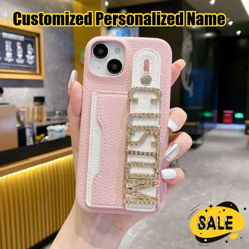 

Customized Personalized Diamond Letters Leather Phone Case for Iphone 15 14 13 12 11 Pro Max 15 14 Plus DIY Name Protector Cover