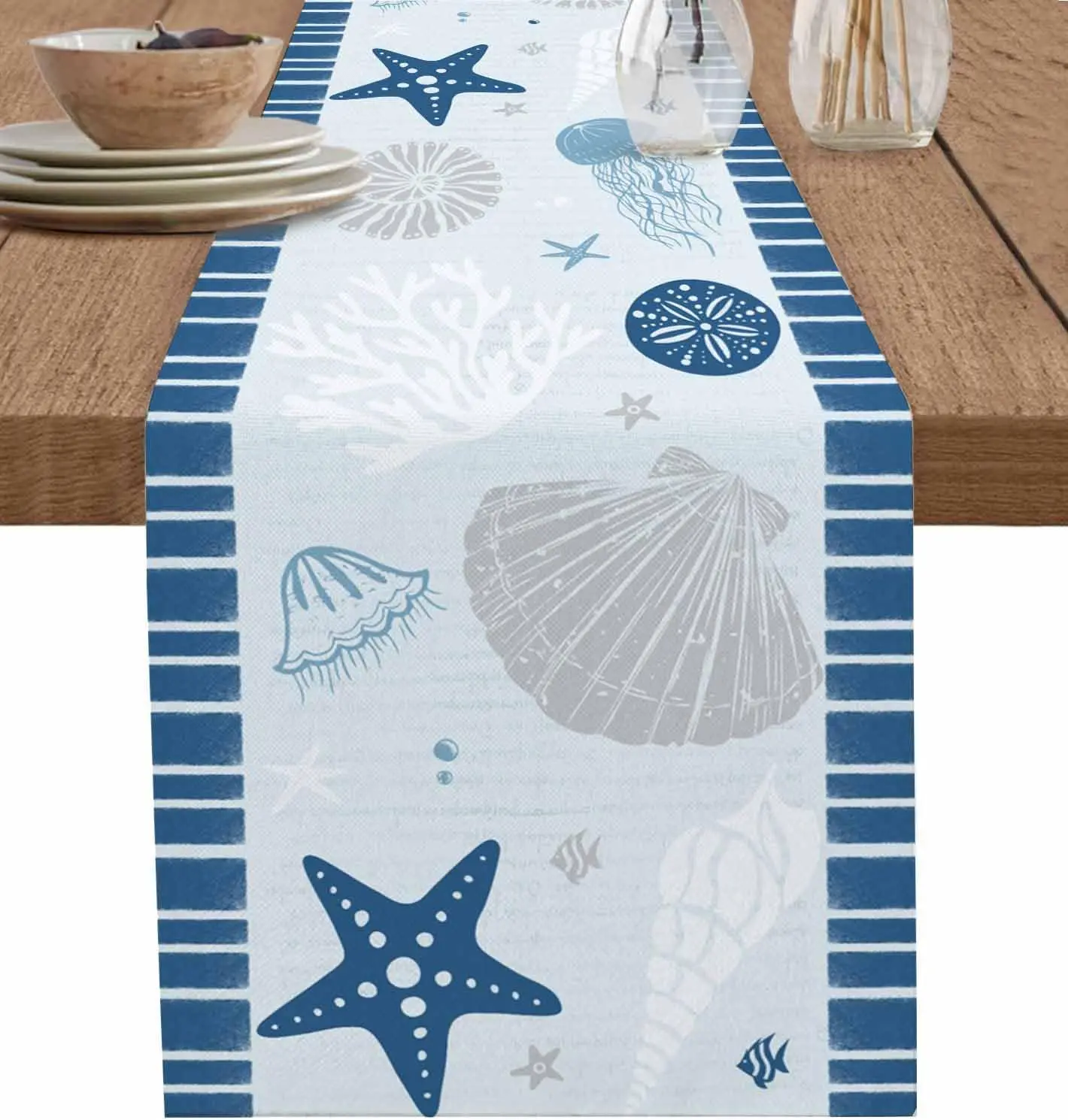 Summer Ocean Nautical Starfish Coral Striped Linen Table Runner Dress Scarves Reusable Kitchen Dining Table Runners Party Decor