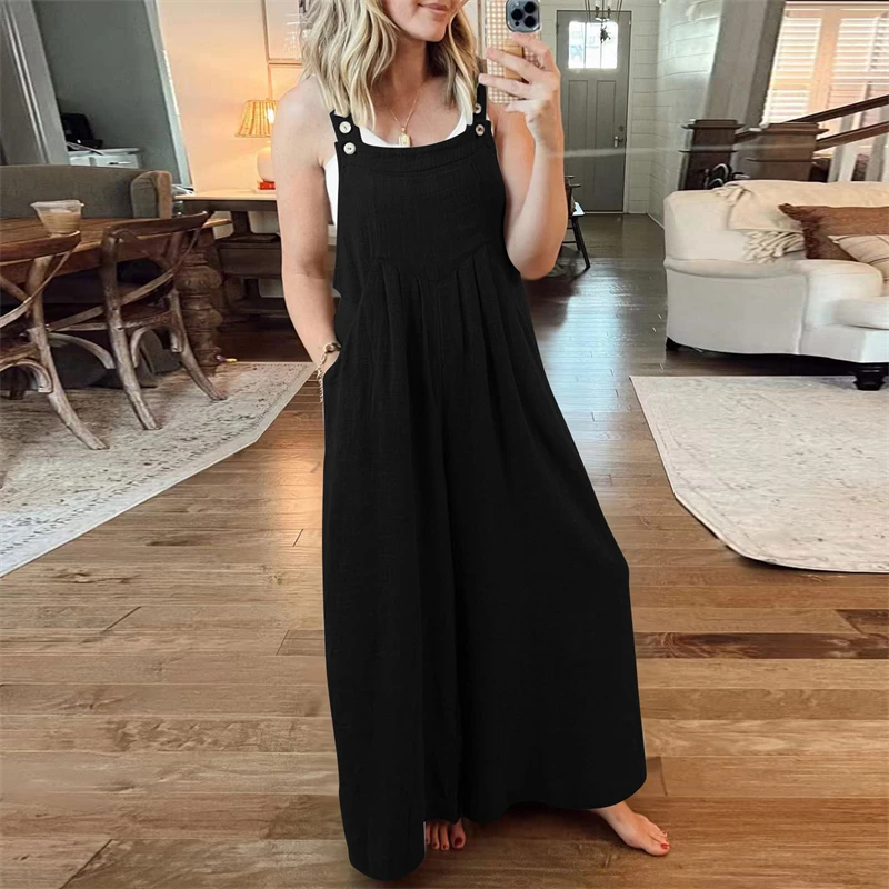 2023 Summer Vintage Casual Streetwear Pleated Overalls Rompers Female Solid Sleeveless Pockets Beach Wide Leg Jumpsuits Outfits