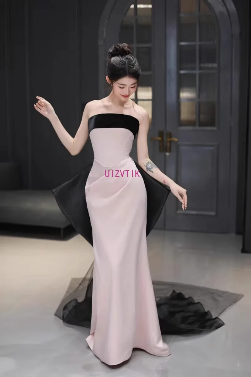 فساتين سهرة مثيرة بدون حمالات باللون الوردي للنساء بدون أكتاف بدون ظهر مع فيونكة لحفلات أعياد الميلاد فستان زفاف طويل حورية البحر بسيط