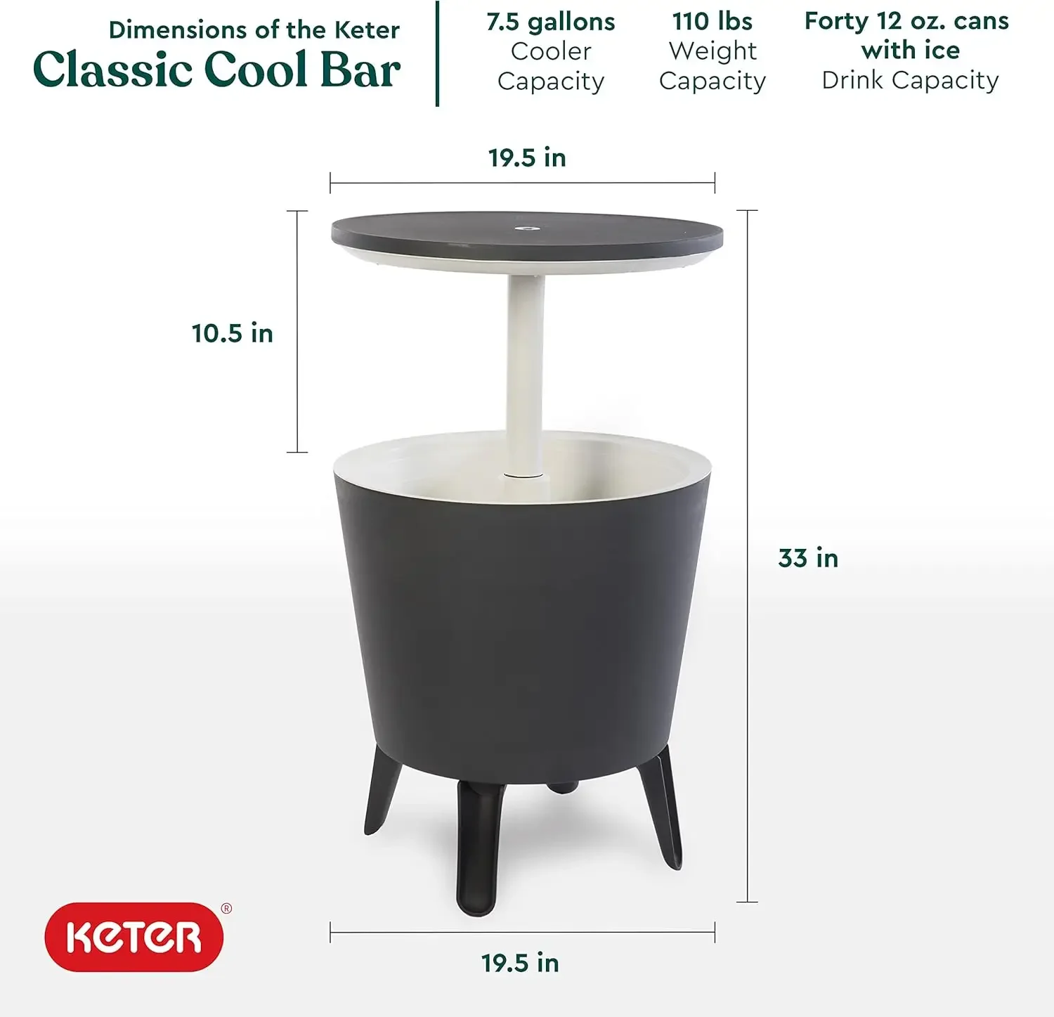 Table d'appoint de bain à remous avec refroidisseur de bière et de vin de 7.5 gallons, gris foncé, mobilier extérieur moderne, bar cool