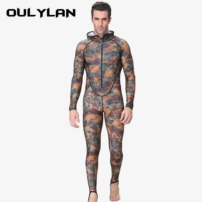 Oulylan Men\'s Camouflage Wetsuit One-piece Sunscreen Diving Suit Hooded Surf Jellyfish Swimsuit Spearfishing Scuba Diving Suit