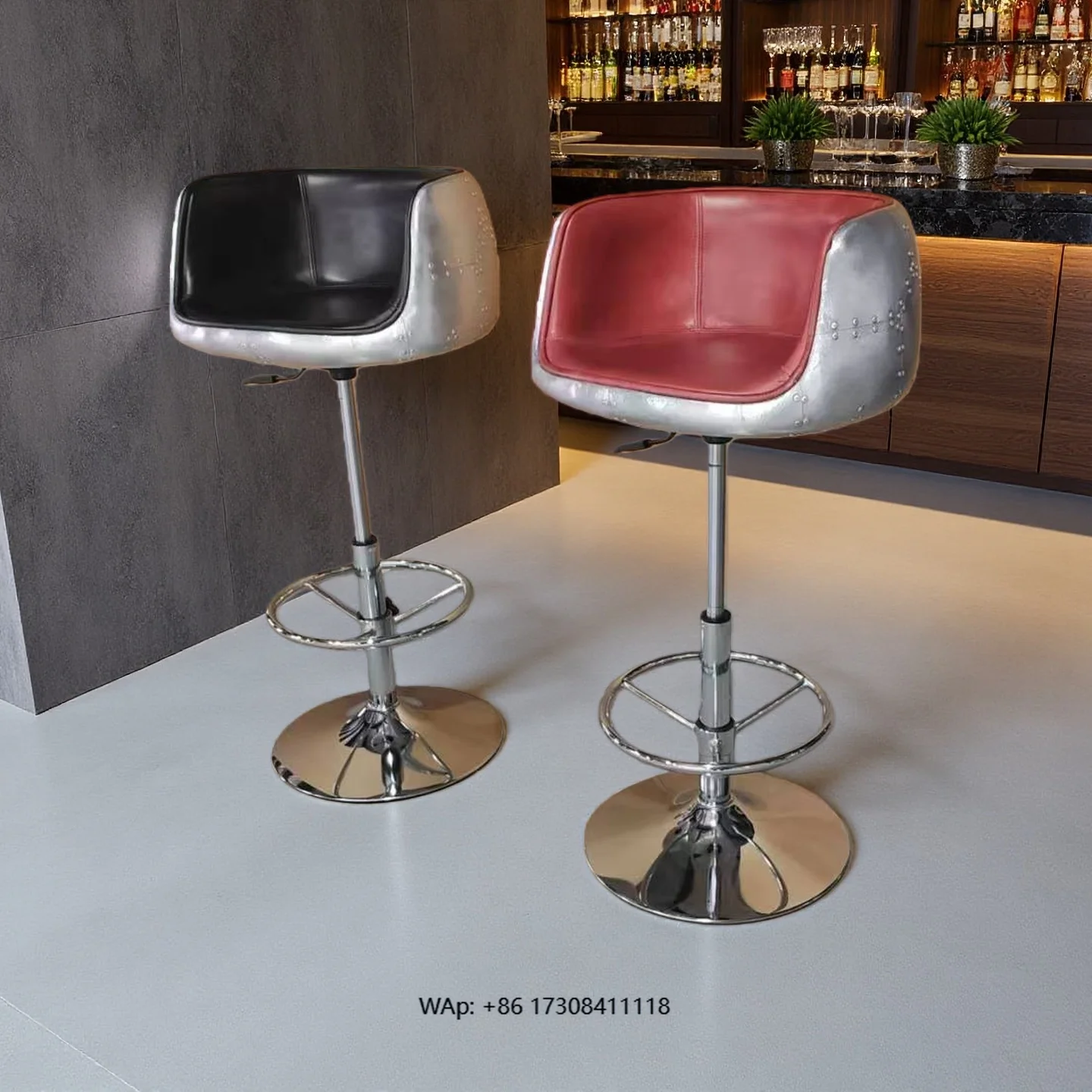 

Loft Industrial Luxury Leather Swivel Adjustable High Pole Counter Chair Aluminum Backrest Stool Kitchen Dining Room