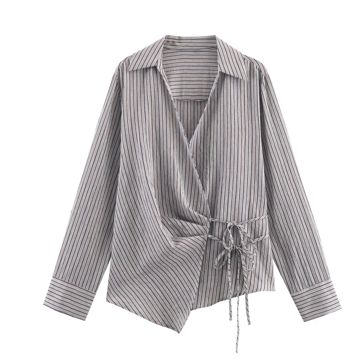 

2025 Winter New Women's Casual Fashion Simple Elegant Export Double-Front Tie Striped Bow Collar Long-Sleeve Shirt Top
