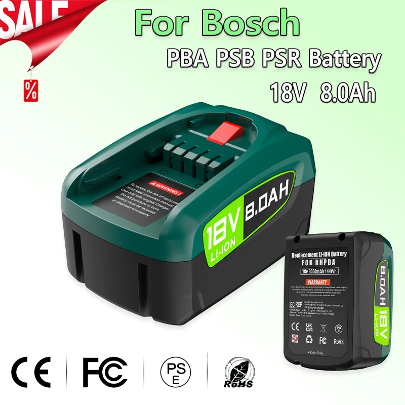 High Capacity 8000 mAh 18V Replacement Battery For Bosch PBA PSB PSR Battery for 18 V Green Tools Home and Garden 18 V System