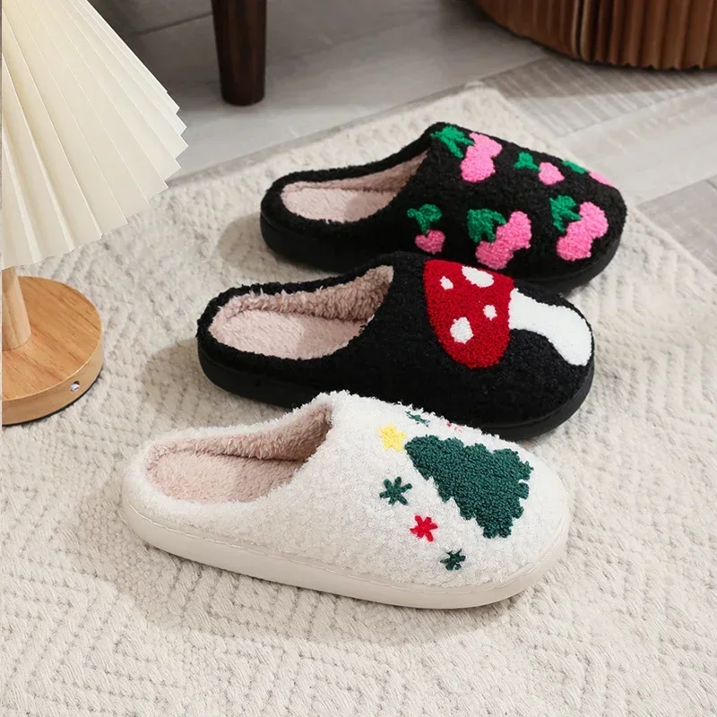 Christmas Slippers Fluffy Home Cute Strawberry Cherry Cozy Plush Slippers Winter Warm Mushroom Thickened Anti-slip for Women Men