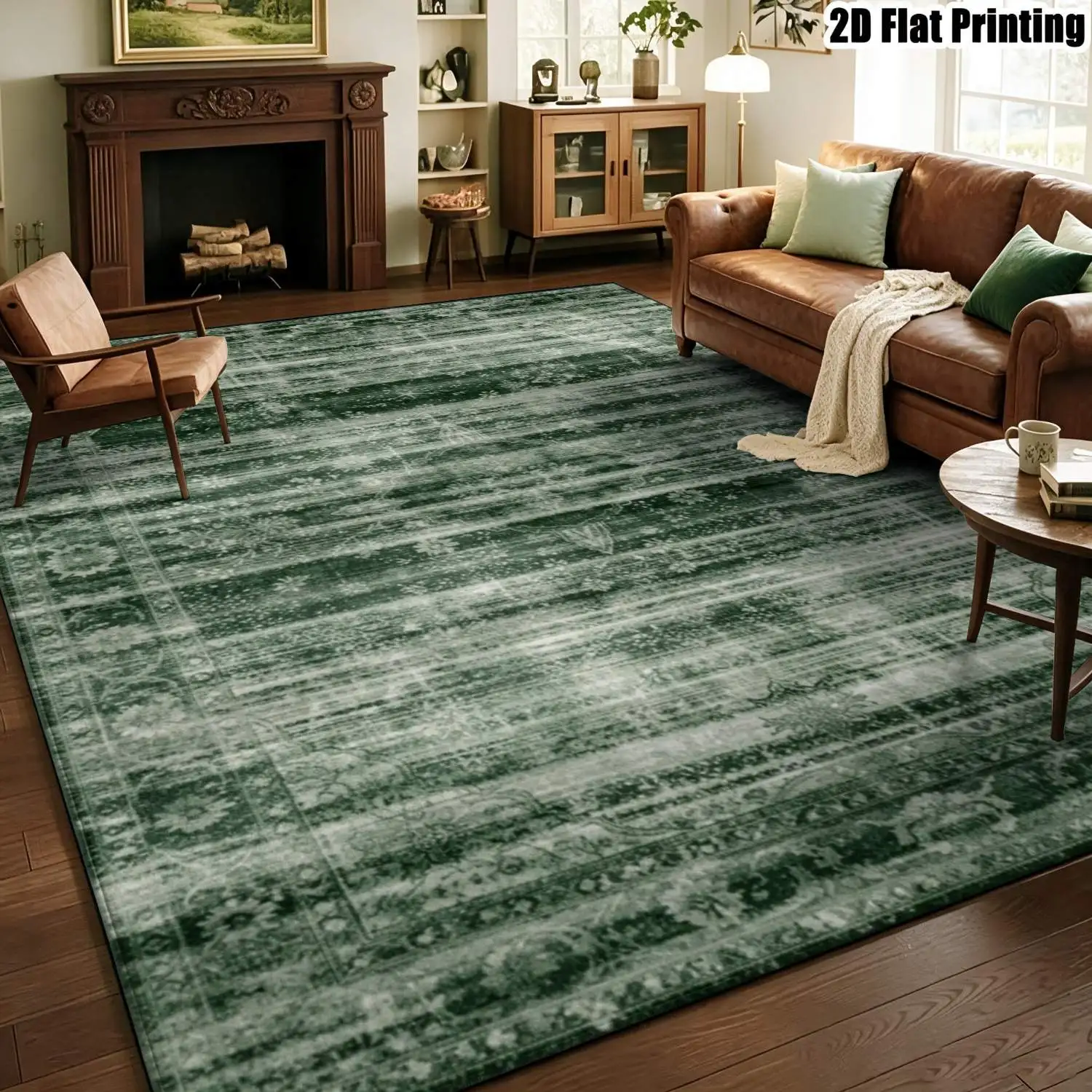 1Pc 2D Printed Retro Striped Dark Green Carpet Nordic Style, Perfect for Minimalist/Vintage Interiors, Machine Washable, Multi-Size, Ideal for Multi-Scene Decor.