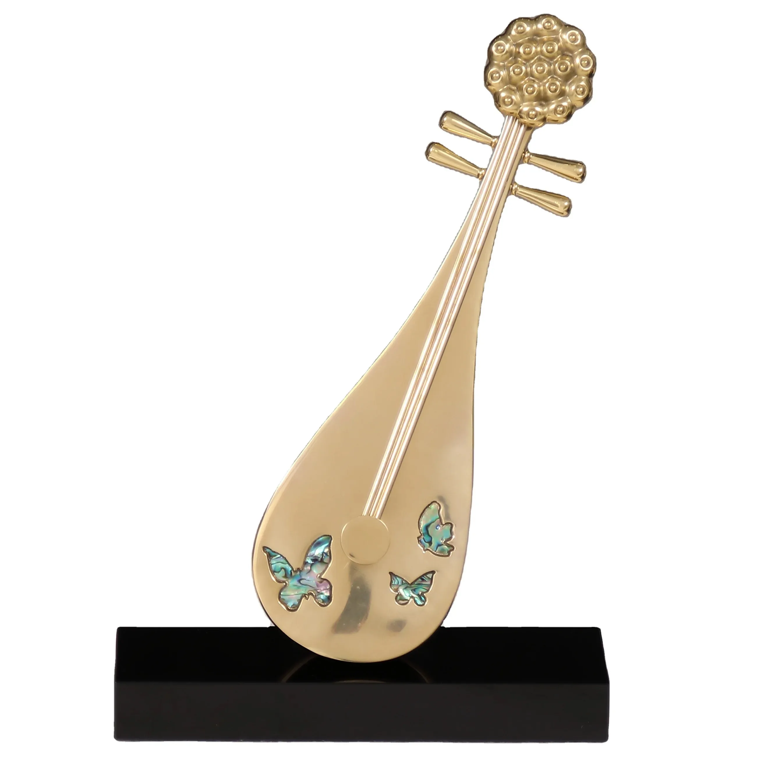 

Home Decor Crystal Butterfly Bright Gold Color Lute Shape Miniature Bronze Sculpture Modern Metal Art Indoor Copper Sculptures