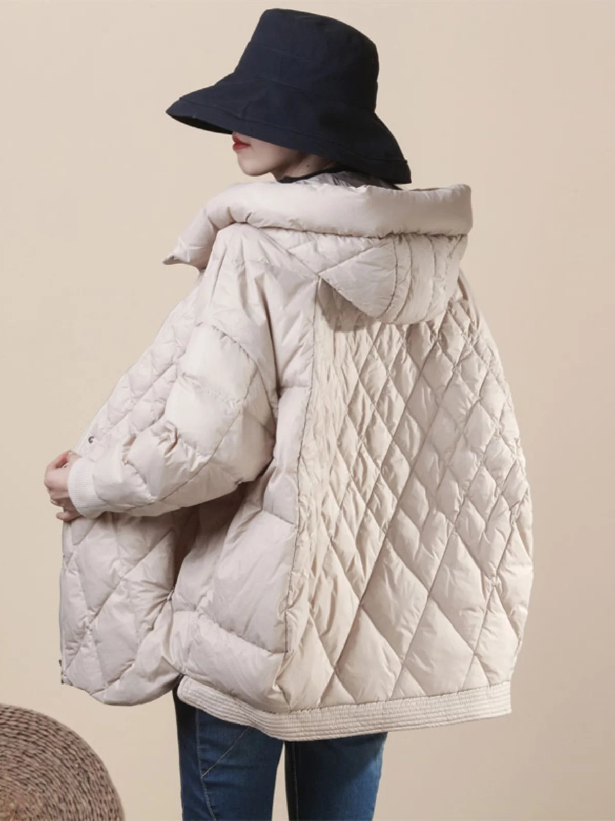 

Slim Fit Large Size Quilted down Jaet Winter Clothes Warm Hooded Lightweight Diamond Pattern White Du Feather Outerwear