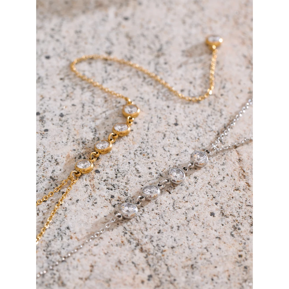 Yhpup Delicate Cubic Zirconia Round Y Chain Long Drop Necklace for Women Stainless Steel Summer 2025 Jewelry Tarnish Resistant