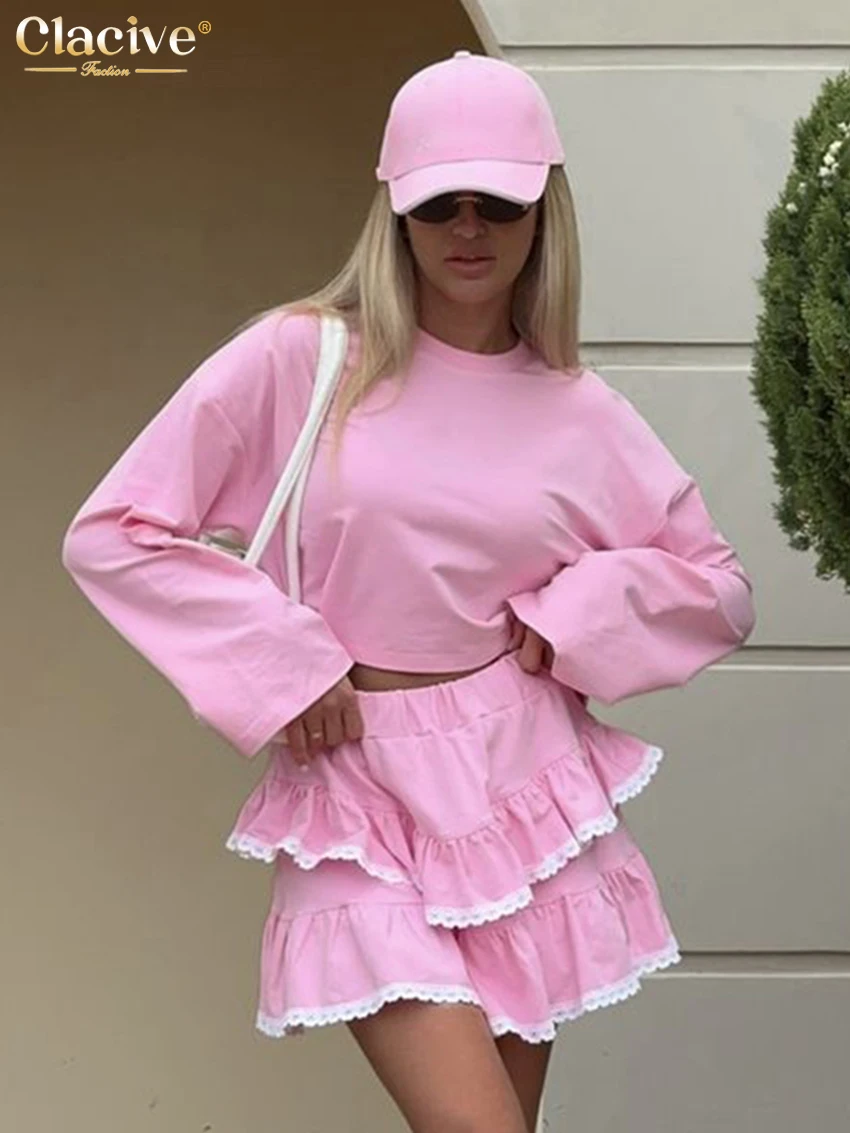 Clacive Fashion Loose Pink Cotton 2 Piece Set Women Outfit 2025 Elegant Long Sleeve Shirt With High Waist Pleated Mini Skirt Set