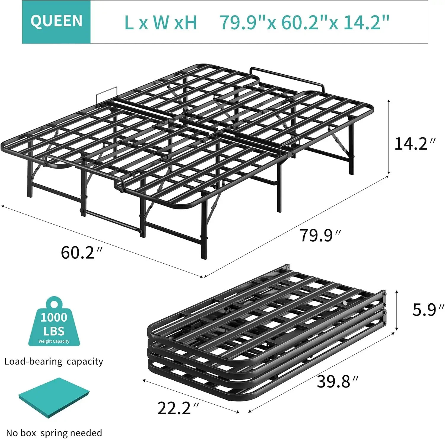 14.2" High Portable Metal Platform Bed Frame with Tool Free Setup, Queen Size Collapsible Sturdy Steel Frame, No Box Spring Need
