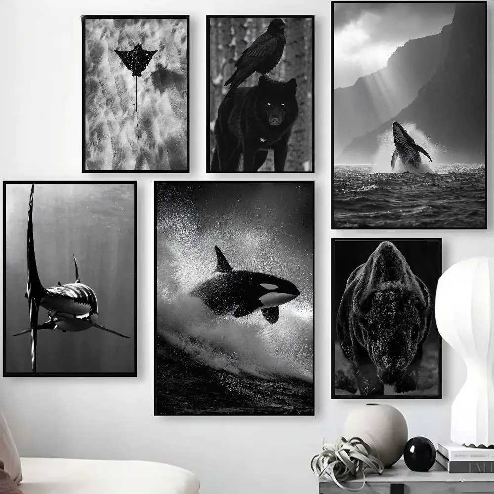 Black White Wild Animal Poster Monochrome Orca Panther Wolf Polar Bear Wildlife Dark Moody Nature Print Art Room Aesthetic Deco