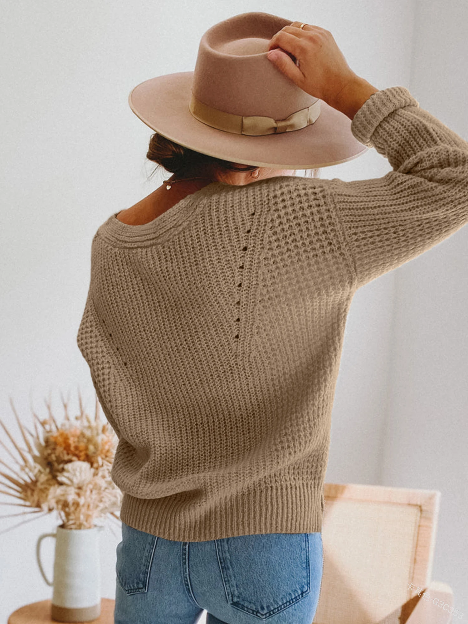 V-Neck Solid Color Sweaters Women Long Sleeve Sweater Casual Loose Fitting Knitted Pullover Tops Fashion Autumn Women Clothing