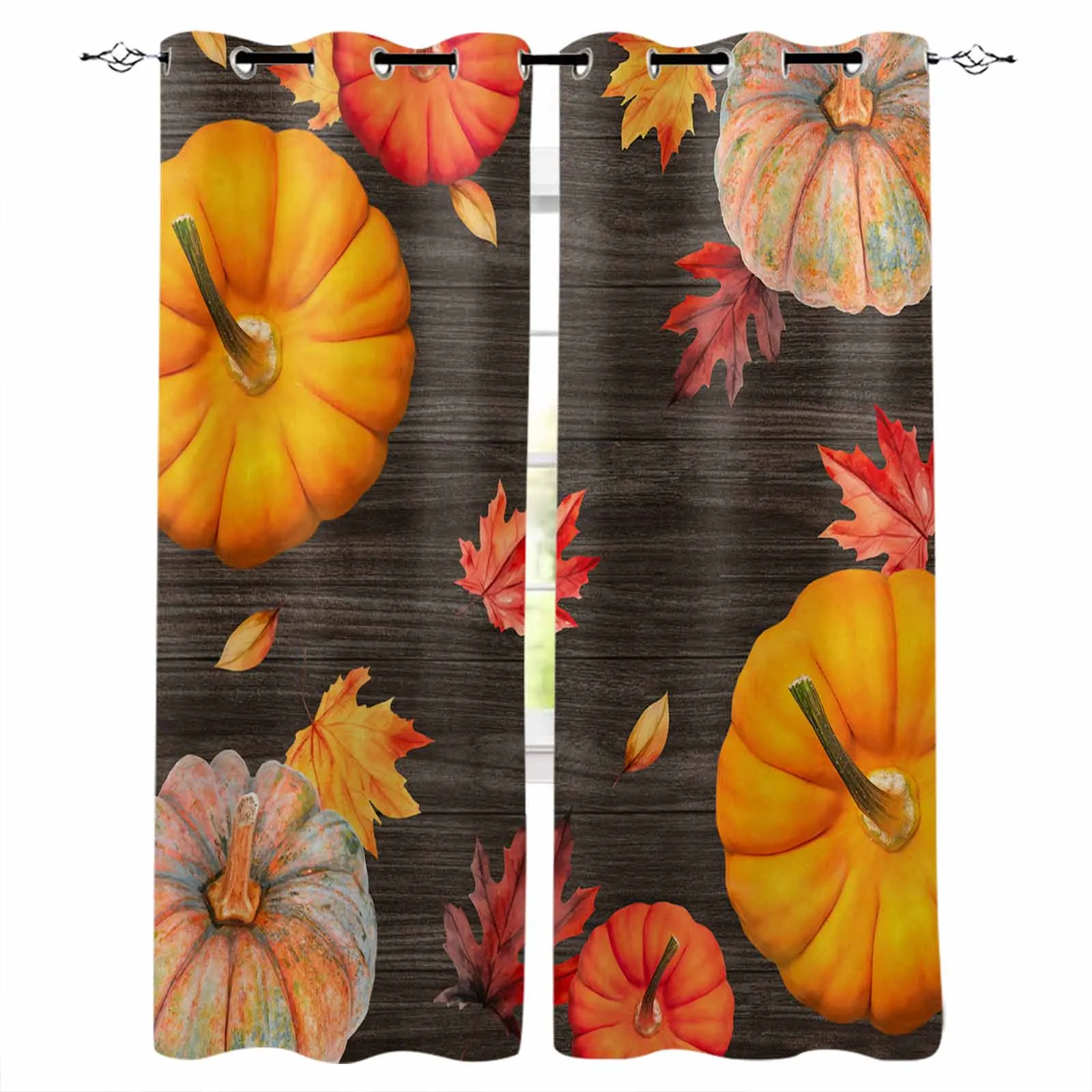 Autumn Pumpkin Maple Leaf Wood Grain Curtains for Living Room Window Decoration Curtains in Home Kitchen Luxury Bedroom Drapes