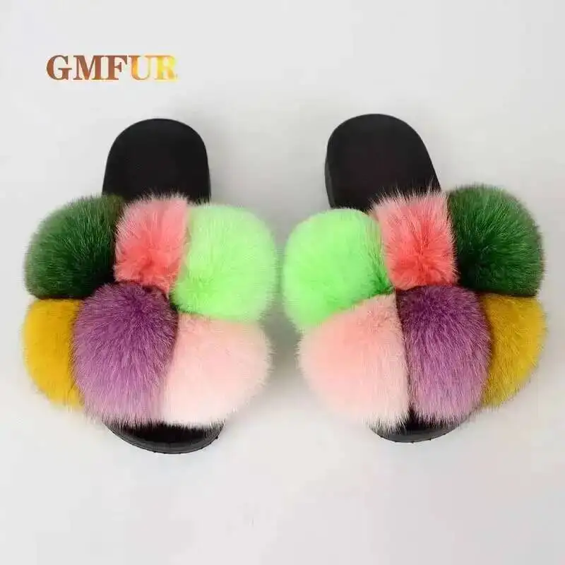 

Fuzzy slippers For Girl Slippers Women Summer Ladies Real Fox Fur Summer Outdoor Shoes Ladies Flip Flops Shoes women New Arrival