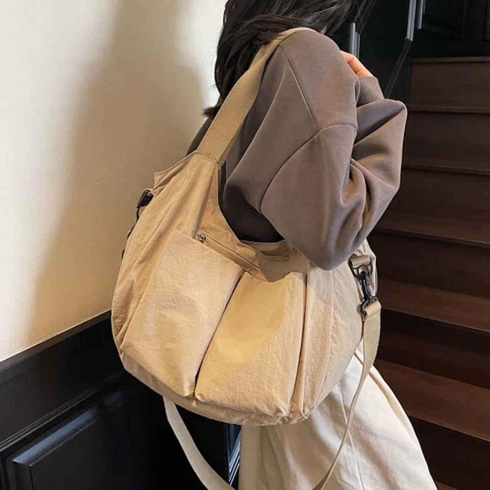 

Casual Solid Color Tote Bag Japanese Style Soft Large Capacity Shoulder Bag Cloth Multi-Pocket Versatile Commuting Handbag Daily
