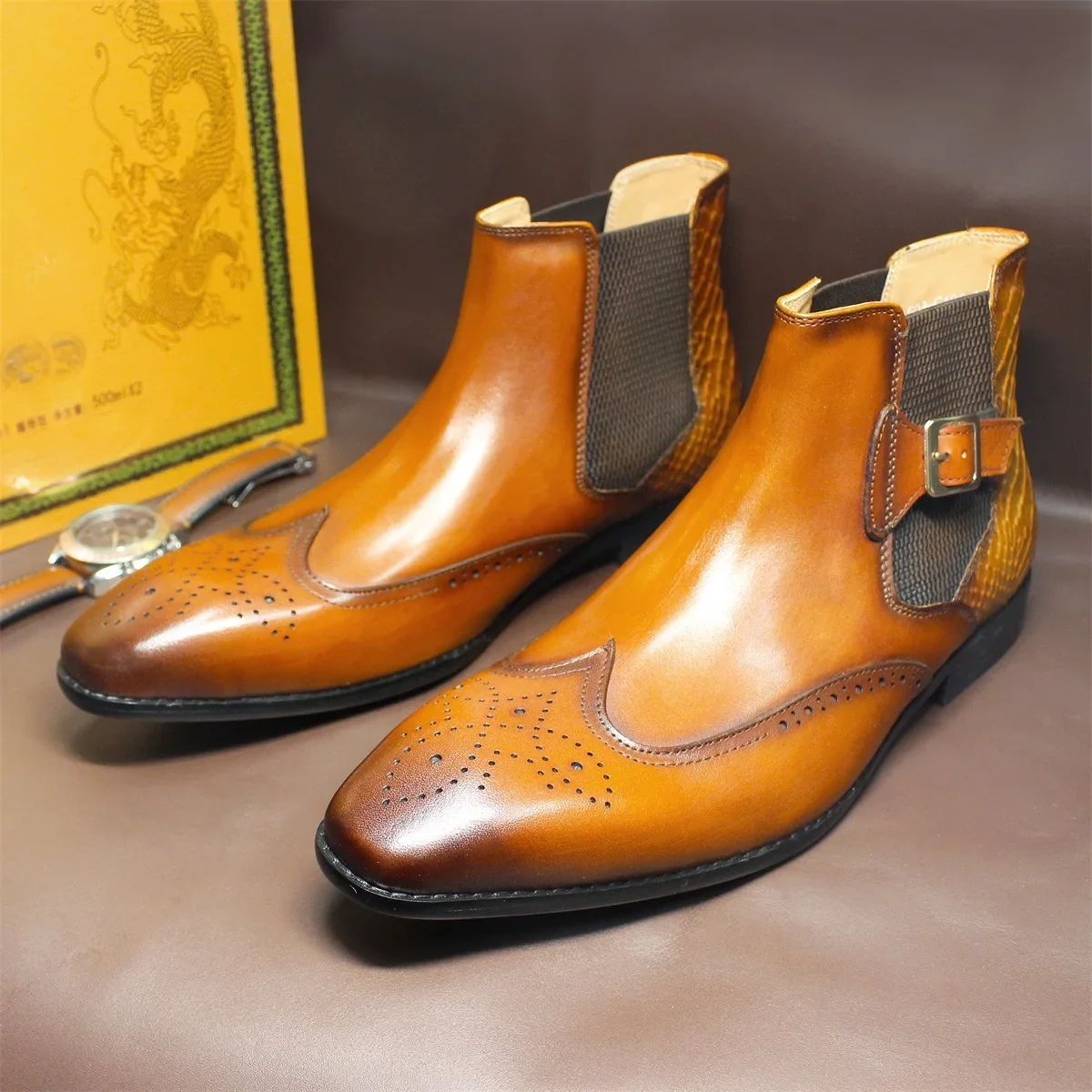 Men's Vintage Chelsea Ankle Boots Handmade Genuine Leather High Top Brogue Slip-On Dress Shoes Warm Winter Footwear