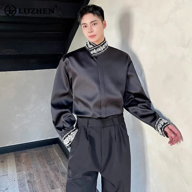 LUZHEN Diamond Stand Collar Satin Long Sleeved Shirt Light Luxury Stylish Elegant Blouses Original Men Personalized Tops LZ4880