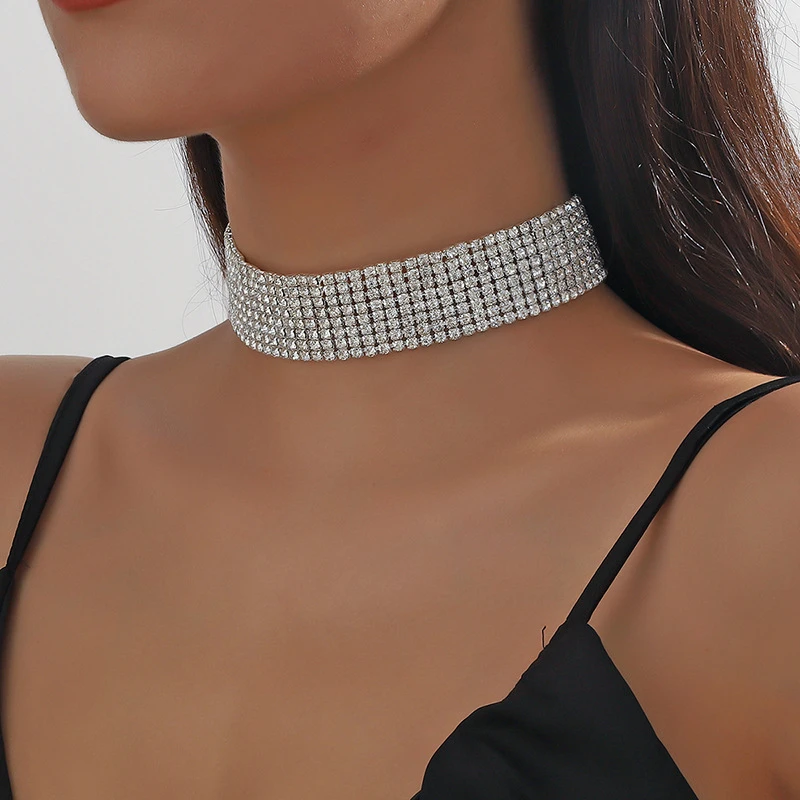 Luxury Full Rhinestone Choker Necklaces for Women Silver Plated Crystal Necklaces Statement Bridal Wedding Jewelry Party Gifts