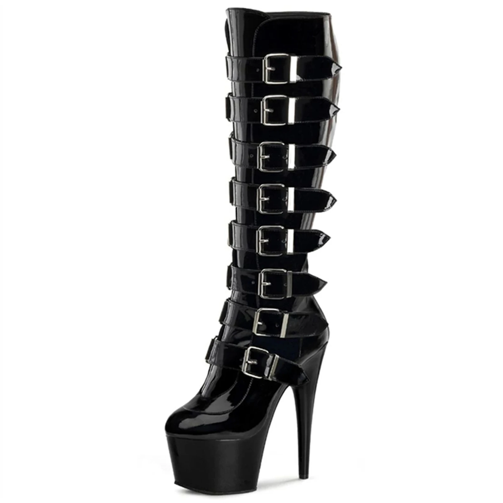 

​17CM Extreme Platform Thigh Boots Black, Patent Leather Knee-High Boots with 7-Row Metal Buckles & Studs, Punk Biker Style Sho