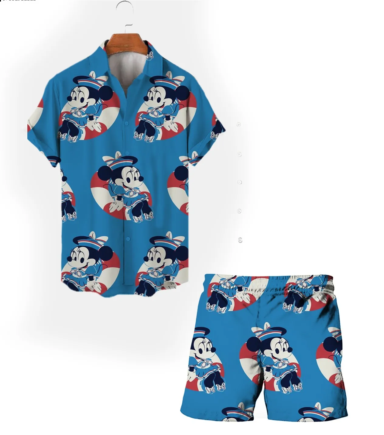 2024 Hot Selling Harajuku Street Summer New Mickey Minnie Cartoon Suit Casual Men's Drawstring Shorts Lapel Short Sleeve Shirt