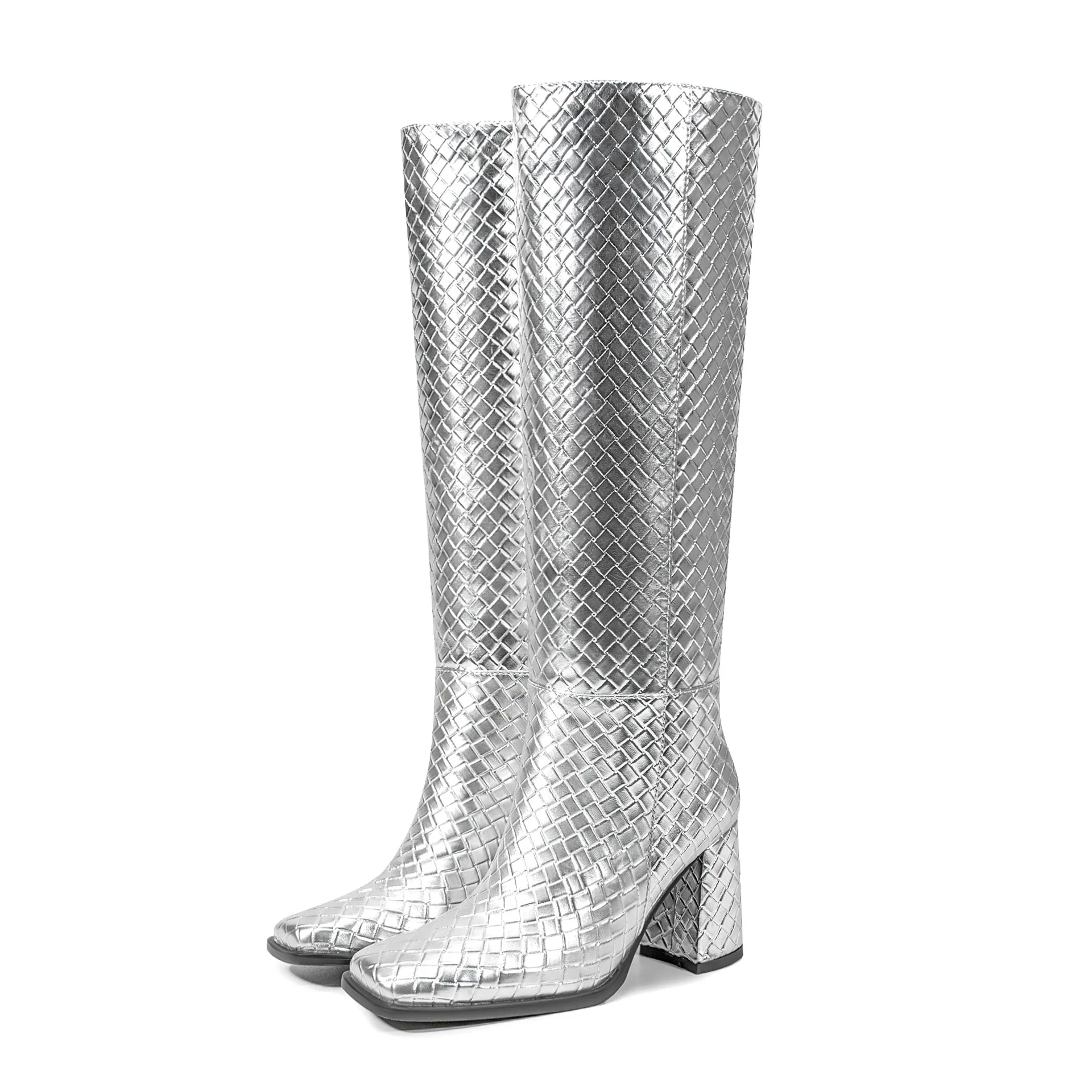 Women's Silver Snakeskin Patterned Leather Knee-High Boots Square Toe Block Heel Tall Boots Fashion Party & Daily Wear Boots