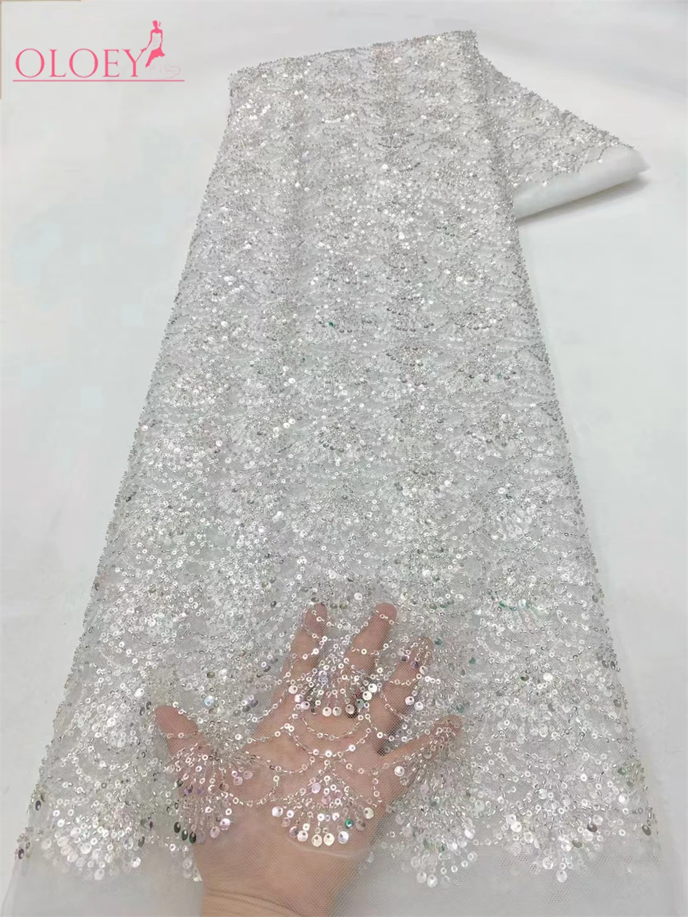 2024 Latest Hot Sale Fashion Africa Lace Fabric High Quality Handmade Embroidery Lace With Beads Sequins Party For Wedding Dress