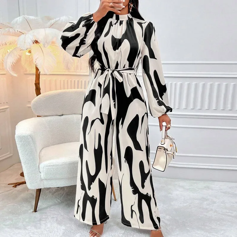 

Jumpsuits for Women 2025 Long Sleeve Sashes Women Jumpsuit Stand Collar Pants Print Jumpsuit Women Vestidos De Verano Mujer Q141