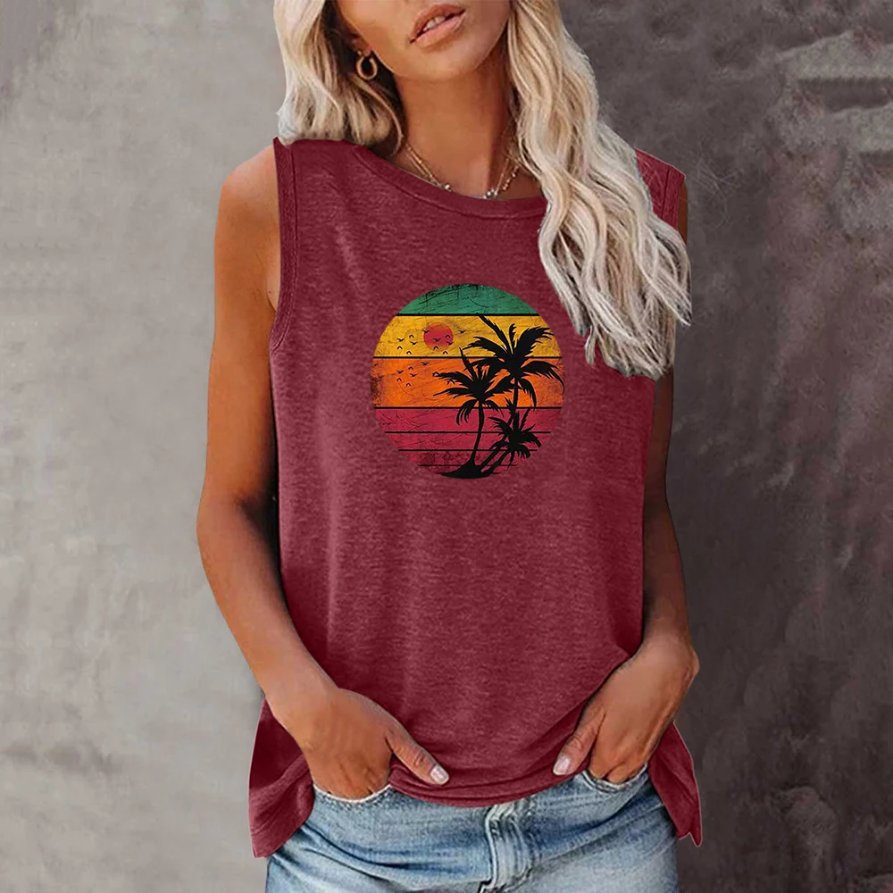 Seeyoushy Sunset Beach 2023 Summer New Women's T-shirt Sleeveless Casual Summer Vacation T-shirt Harajuku Oversized T-shirt Top