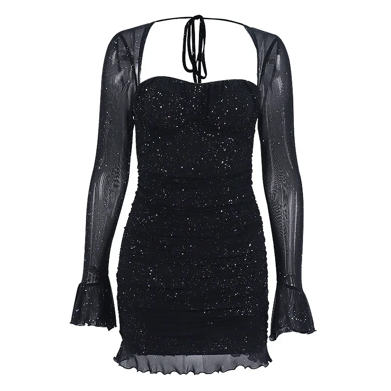 

Sexy Open Back Flare Long Sleeves Ruched Sequins Short Bodycon Dress