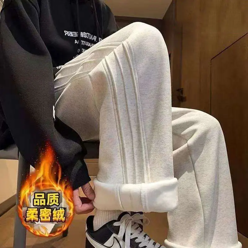 

Trendy White ey Men's Fce Lined Wide Leg Casual Pants Autumn Winter Spor American Retro Sle Loose Fit Long Trousers