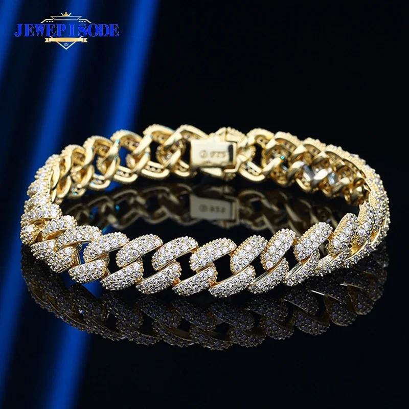 

JEWEPISODE 100% 925 Sterling Silver Hip Hop Sparkling Full High Carbon Diamond Charm Cuban Bracelets for Women Men Party Jewelry