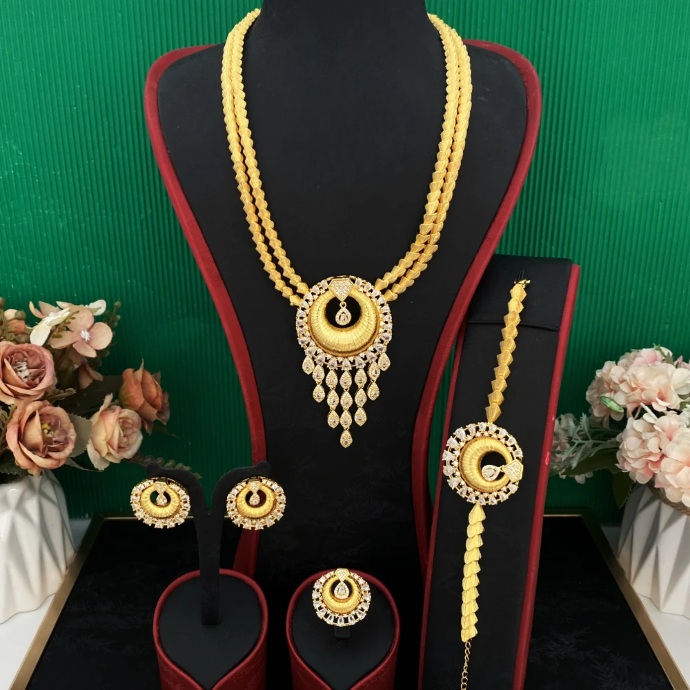 JRH Women's Gold-Plated Copper Jewelry Set with Artificial Zircon Bracelet Ring Necklace Earrings for Wedding Banquet