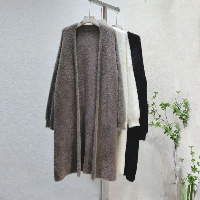 Soft Knitted Cardigan Sweater Women Spring Autumn Loose Large Size Lazy Wind Imitation Mink Velvet Long Coat Furry Cardigans