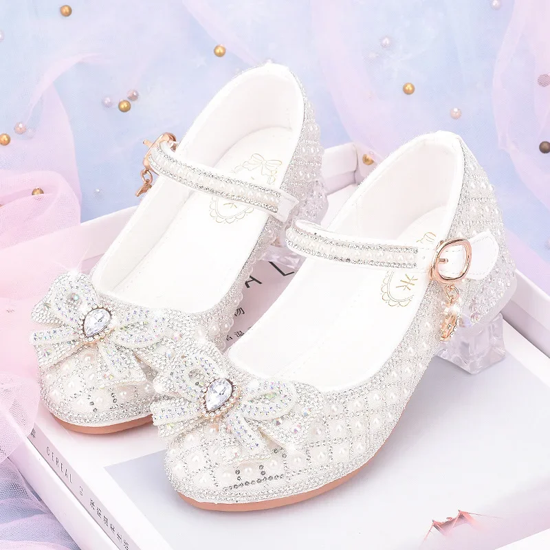 Spring Girls\' High Heels Silver Rhinestone Pearl Princess Shoes Children\'s Leather Shoes Kids Crystal Performance Shoes