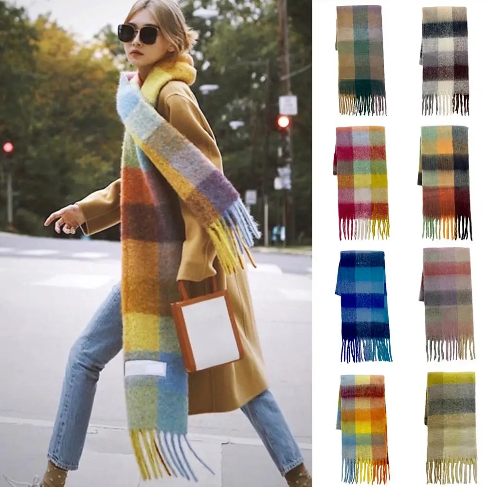 Women Scarf Colorful Rainbow Plaid Neckerchief Fringed Thick Tassels Fuzzy Double-sided Warm Soft Winter Adults Long Scarf Shawl