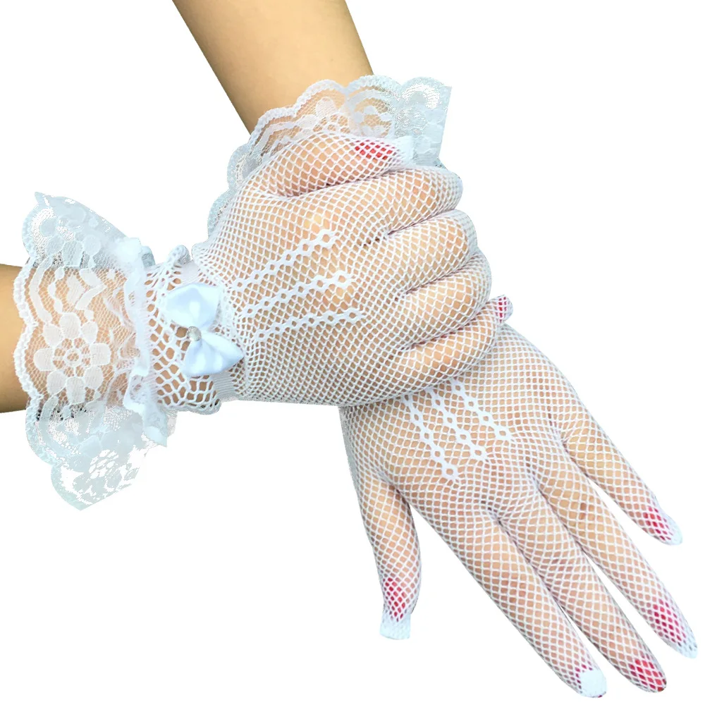 2PCS Women's Black Fishnet Lace Gloves With Bow&Crystal Detail- Elegant Short Party Gloves,Stylish For Evening Events, Halloween