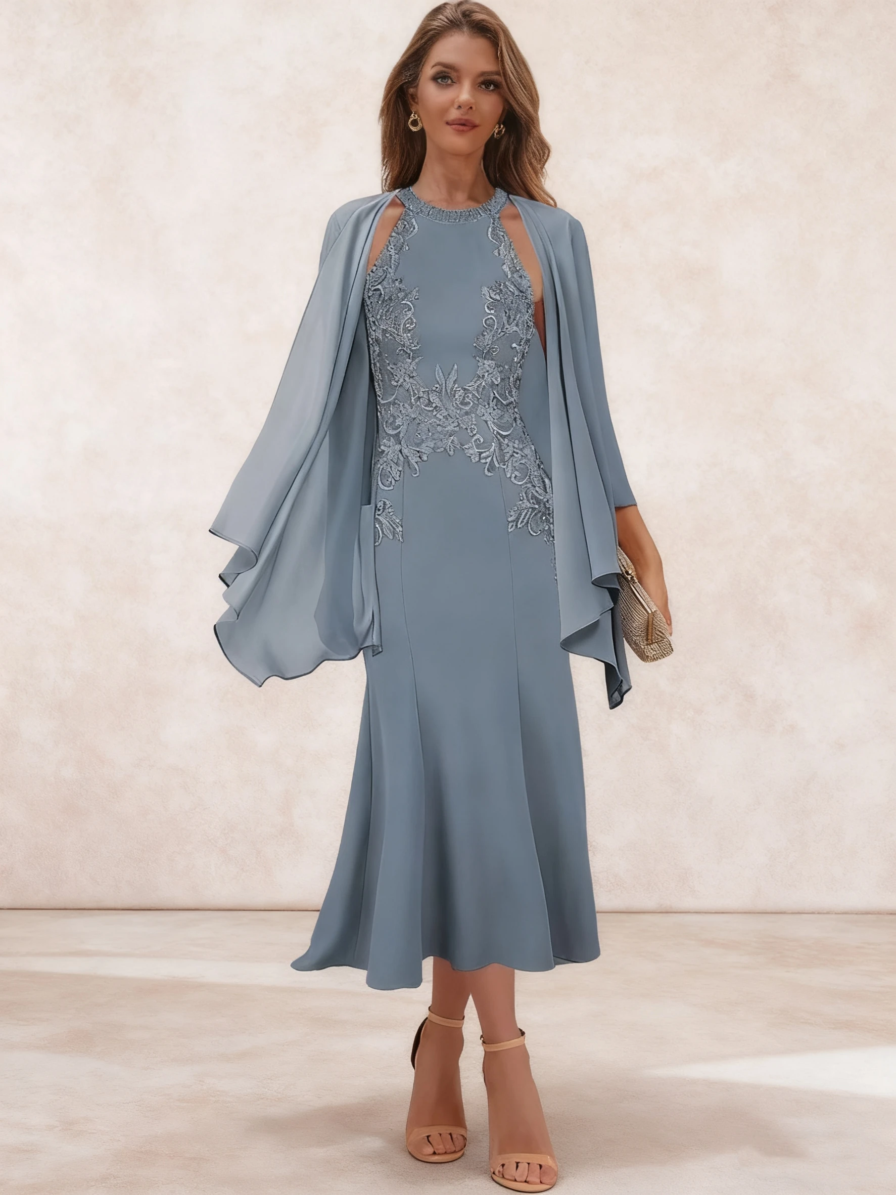 

2 Pieces Mother of The Bride Dress Halter Lace Applique Satin Formal Dresses