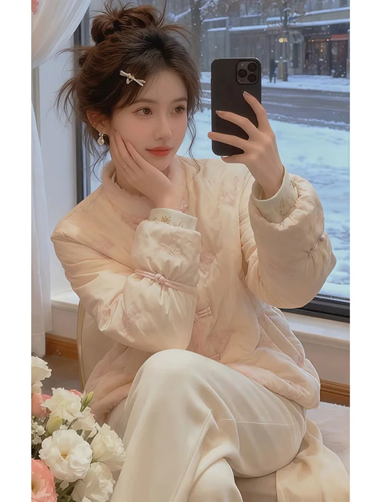 Elegant Embroidered Cotton Jacket Women's Fashionable Patchwork Unique Beautiful Winter Outerwear Button Detail Simple Style