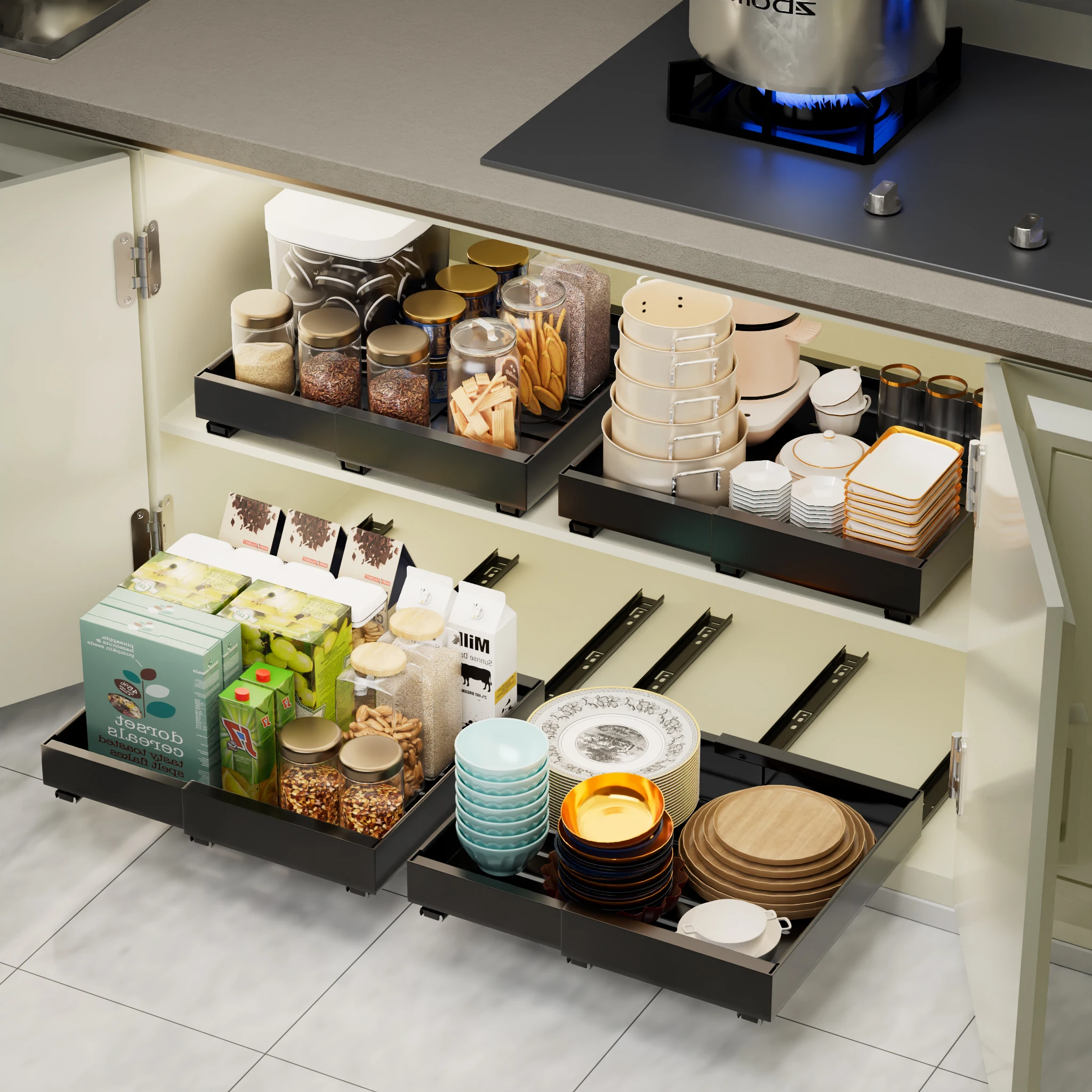 2 packs 21 inches deep expandable slide out drawer roll out shelf adjustable width pull out frame cabinet organizer