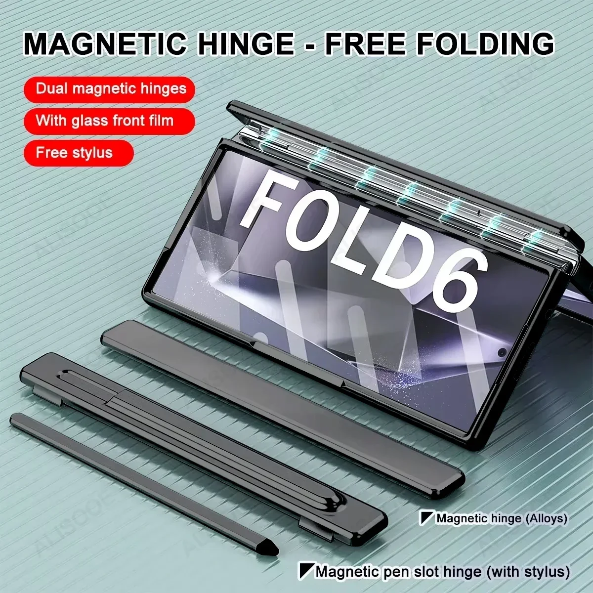 Double Hinge Pen Slot Cover for Samsung Galaxy Z Fold 6 Case Aluminum Alloy + PC Plastic Front Glass Stand Funda &Touch Pen