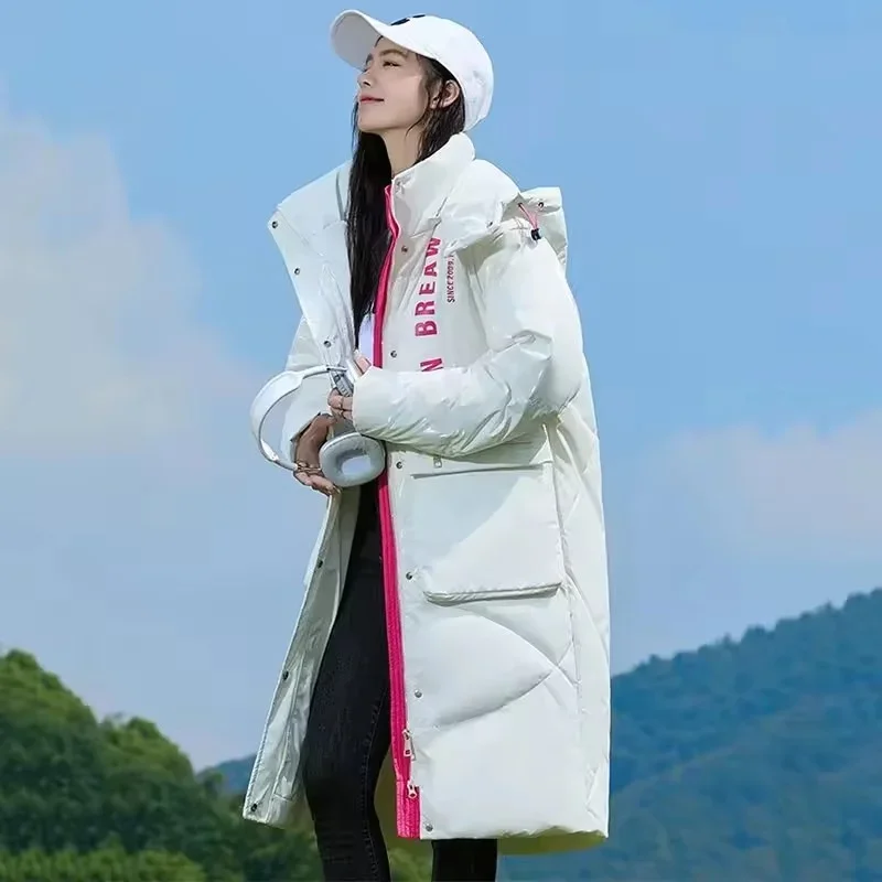 Pop Winter New Over The Knee Jackets Women Fashion Parkas Hooded Glossy Down Cotton Jacket Female Casual Thick Warm Outwear